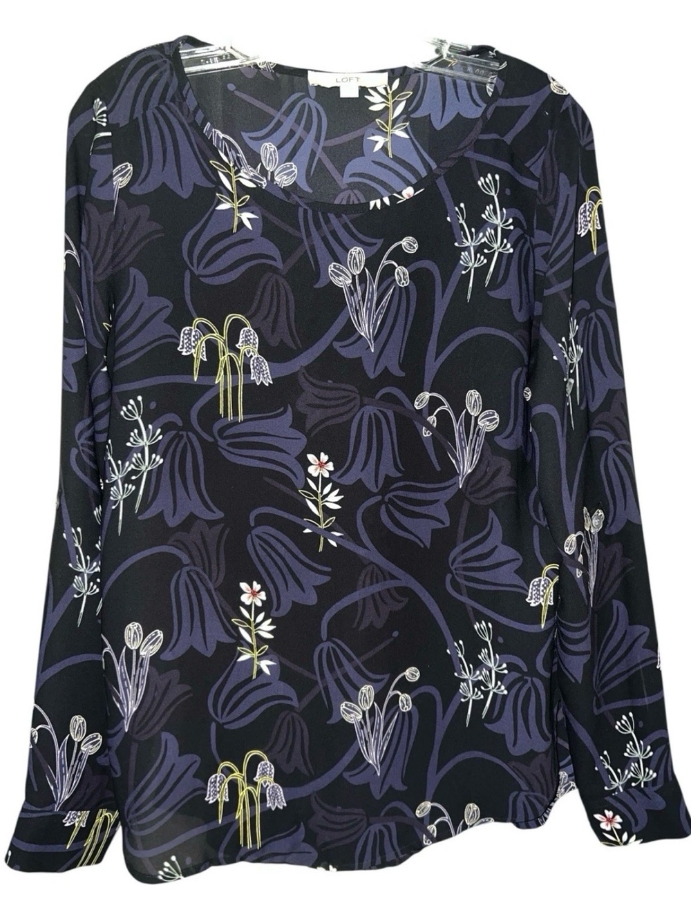 LOFT Women's Size S Long Sleeve Pullover Scoop Neck Floral Navy Workwear